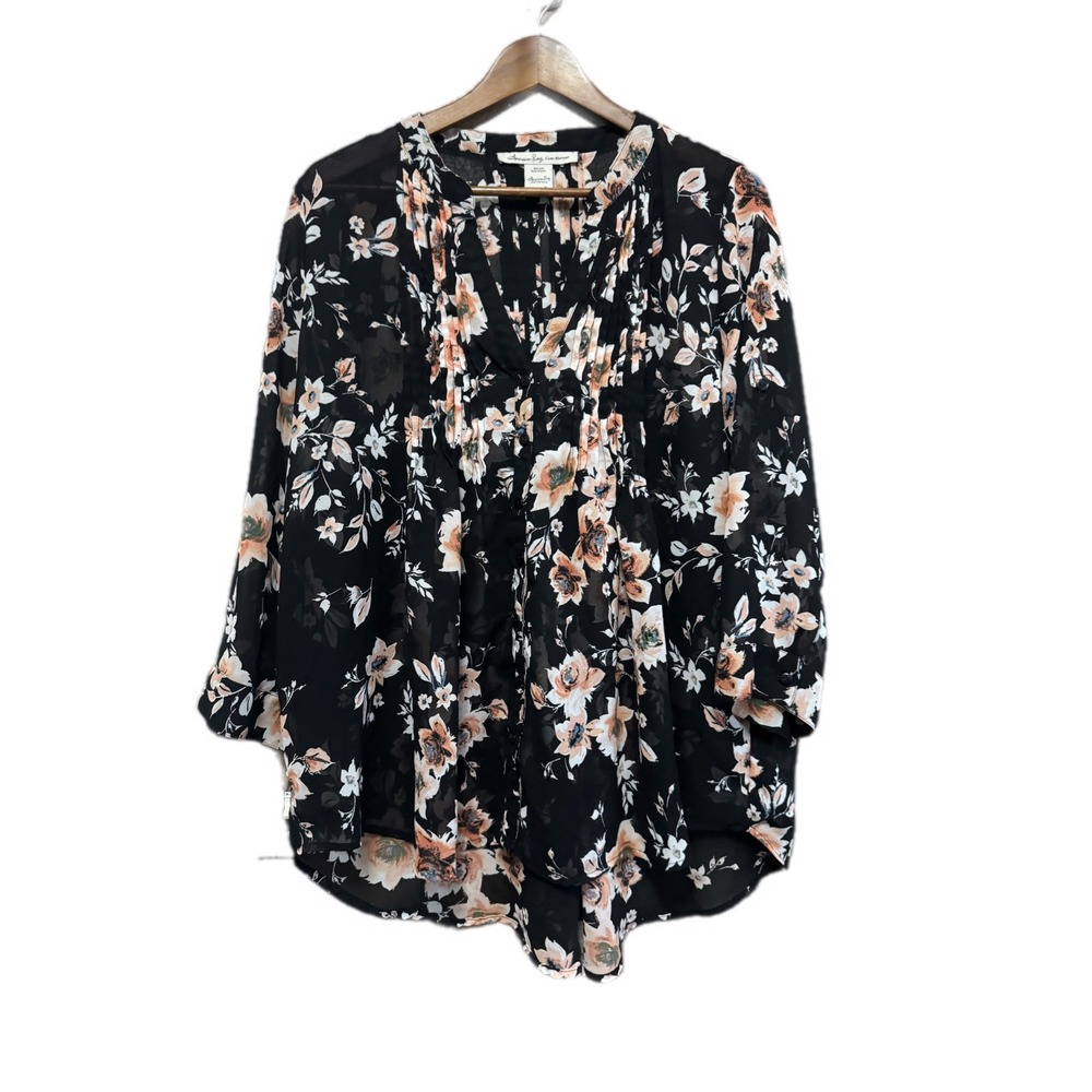 American Rag Floral Blouse Womens Large Black Excellent Pintuck Button Front